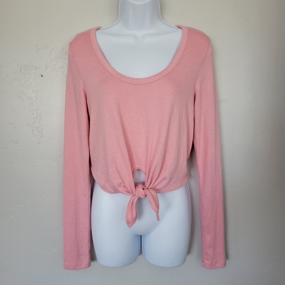 Wilfred Free Women's Medium Baby Pink Long Sleeve Shirt Knot Front Soft Crop